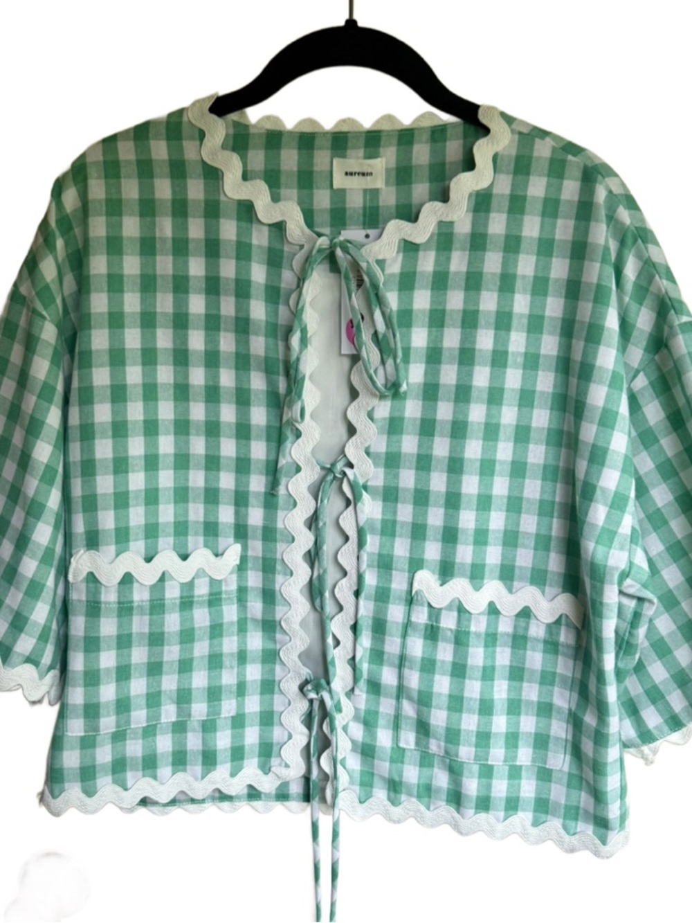 NWT AUREUM Picnic Perfect Green & White Gingham Tie-Front Top